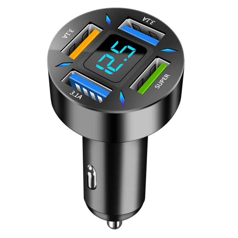 Four-port USB car charger with LED digital display showing compact black design