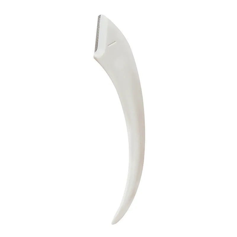 White and pink curved moon-shaped eyebrow trimming knife with a comb on a white background.