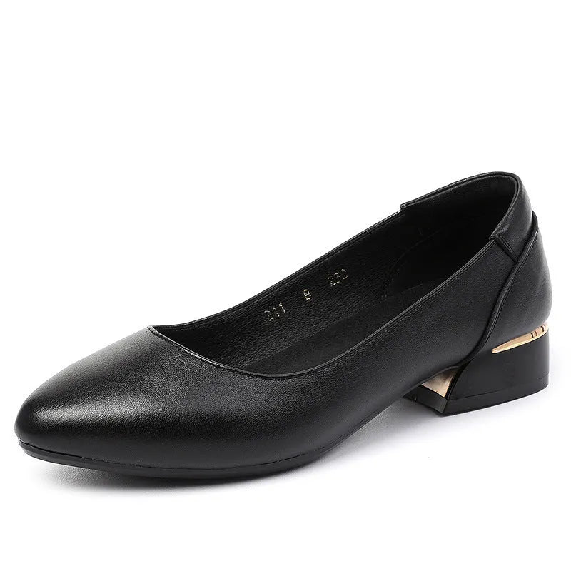 Autumn cowhide flat pointed low-cut shoes in beige with low heel and buckle fastening