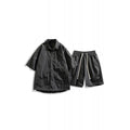 Men's loose casual shirt and shorts two-piece set in khaki, with nylon fabric, front view