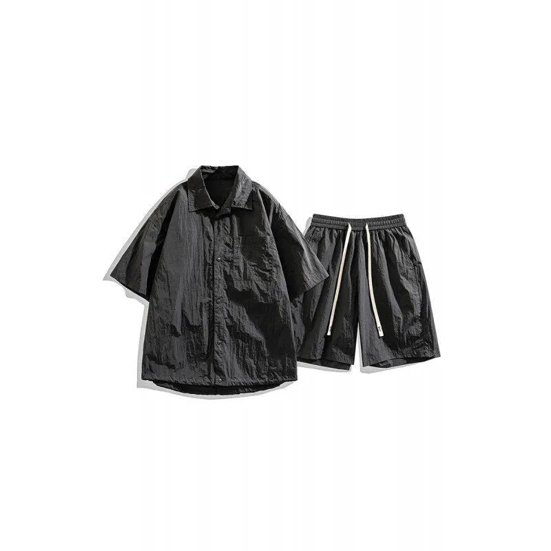 Men's loose casual shirt and shorts two-piece set in khaki, with nylon fabric, front view