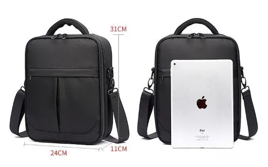 Black Oxford fabric men's shoulder messenger bag showing its 24x11x31cm size.