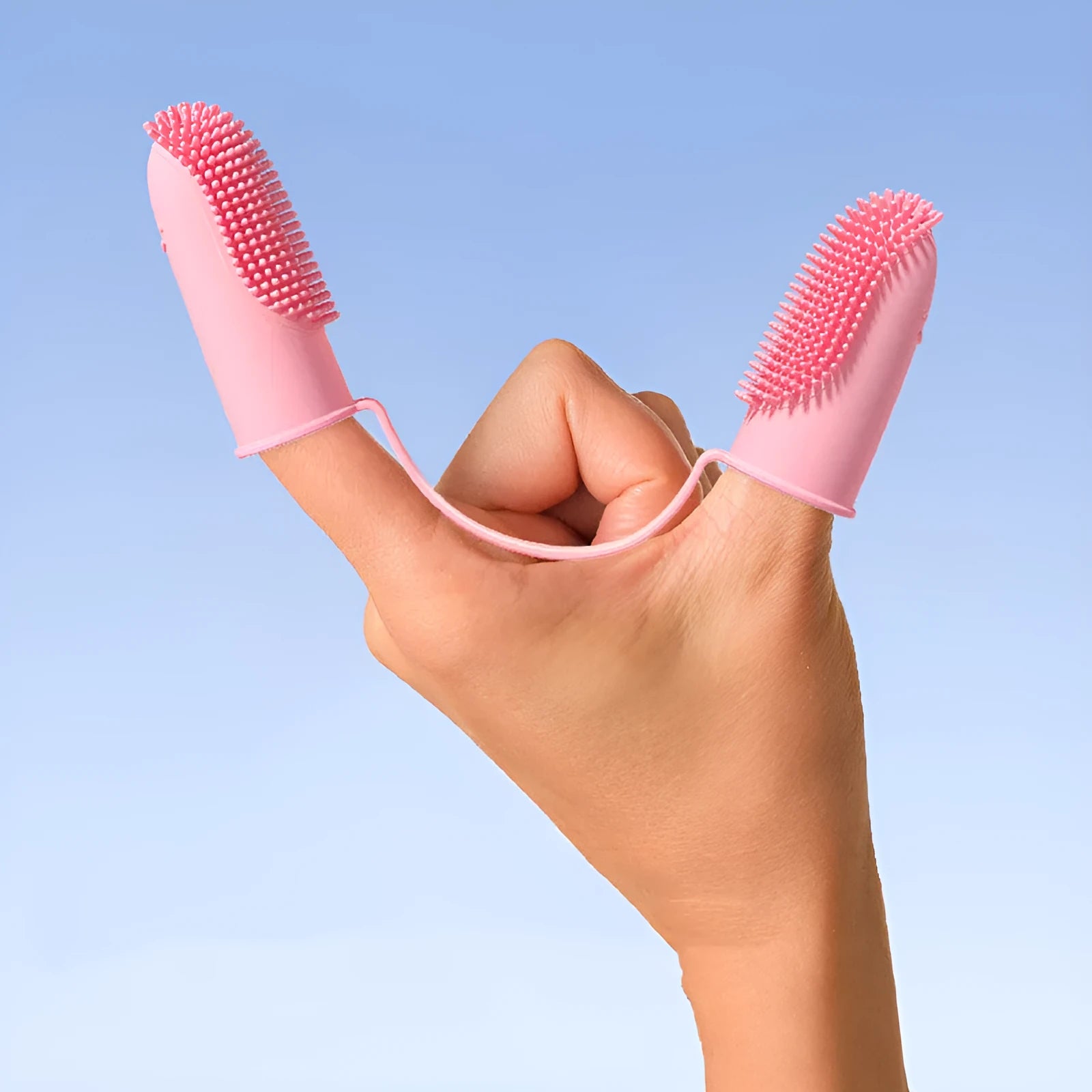 Pet dental cleaning finger brush set in pink, blue green and grass yellow with double finger design and TPR bristles