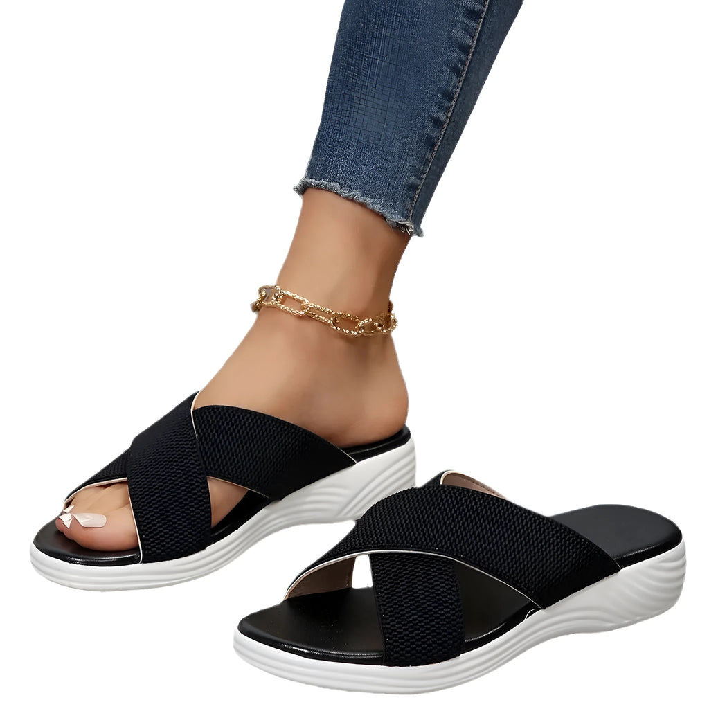 Women's black wedge slippers with cross-strap peep-toe design and thick rubber sole