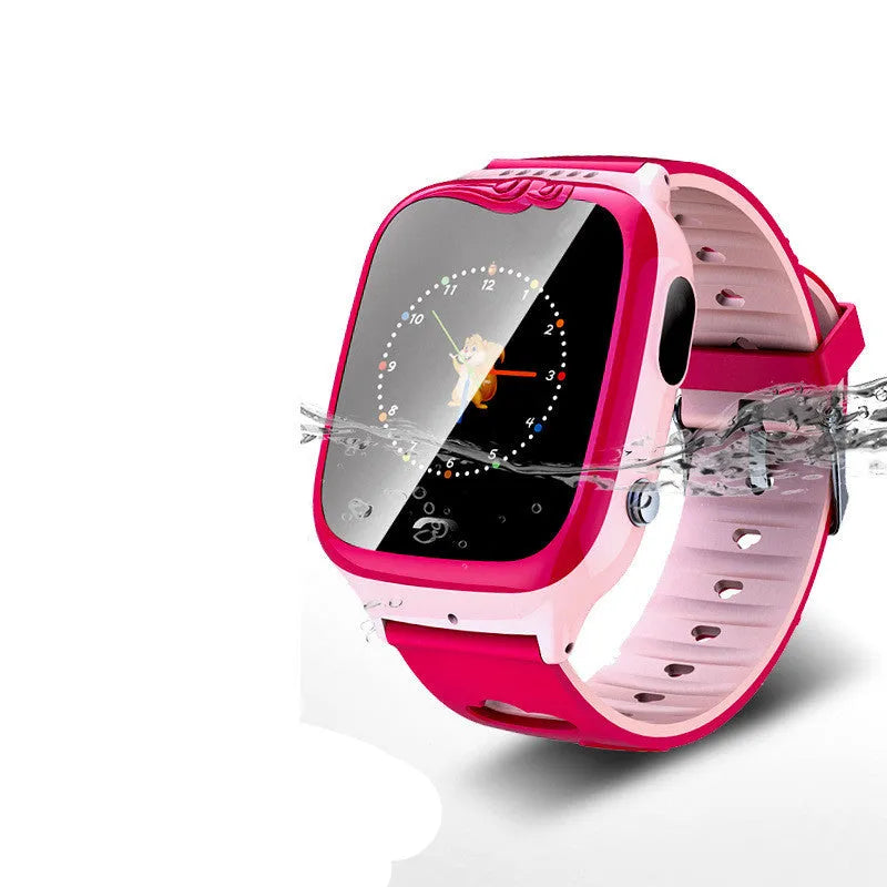 Blue children's smart phone watch with a silicone strap and a square HD touch screen display.