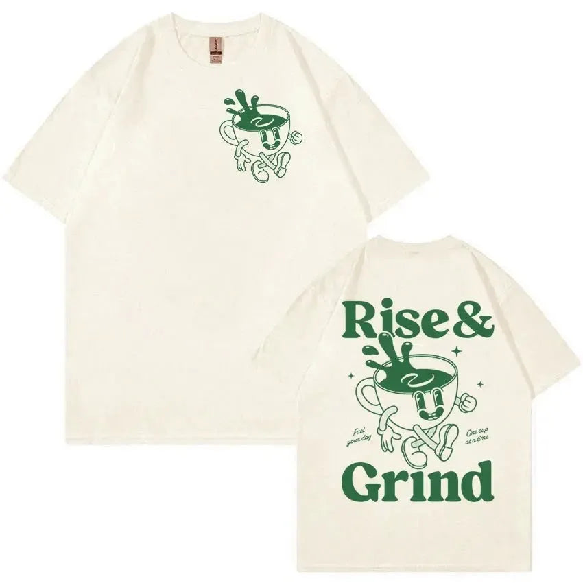 Men's linen t-shirt with Rise And Grind Green Coffee cartoon bag design in loose fit