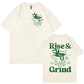 Men's linen t-shirt with Rise And Grind Green Coffee cartoon bag design in loose fit