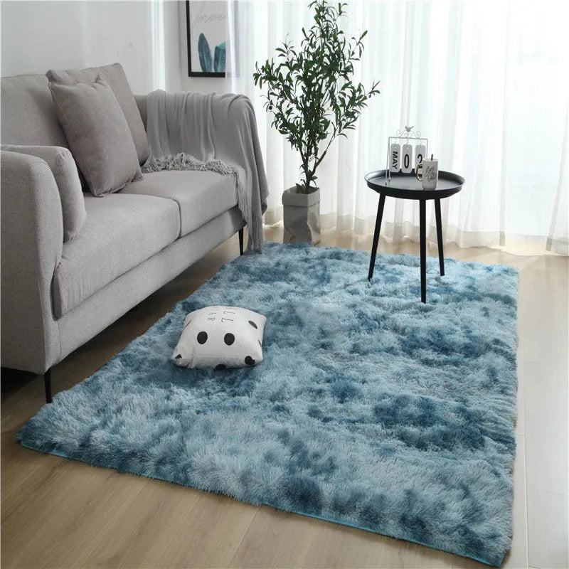 Long hair tie-dyed gradient polyester carpet in a living room setting showing soft texture and colour transition