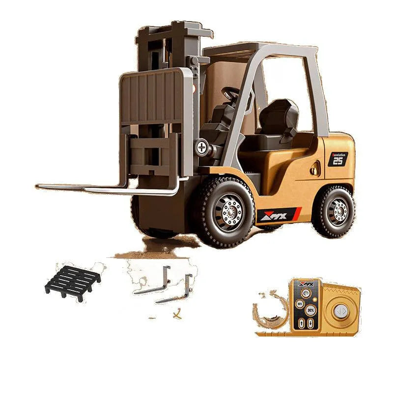 1:64 scale alloy remote control forklift engineering model with cargo forks and wooden pallet