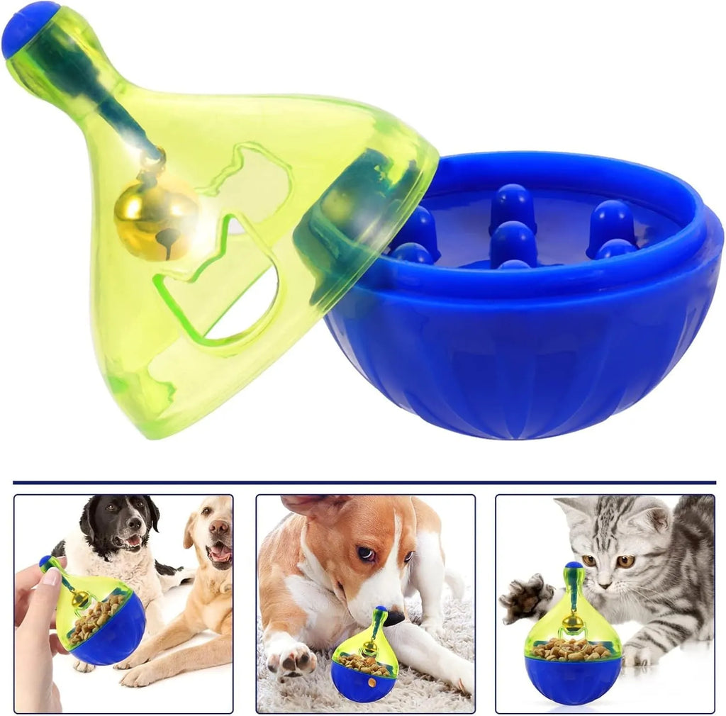 Blue tumbler-shaped pet treat dispenser ball for dogs cats slow feeding toy