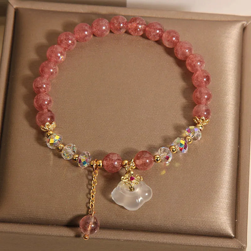 Women's adjustable strawberry quartz and white agate crystal bracelet with auspicious cloud beads