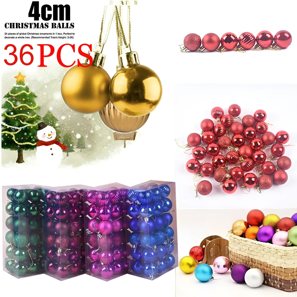 36 Christmas colour balls in whole box set, 4cm diameter, assorted colours for tree decoration