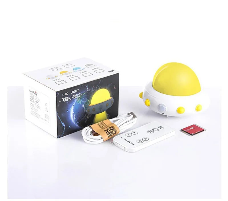 Remote control UFO shaped bedside night light in white, blue or pink colours