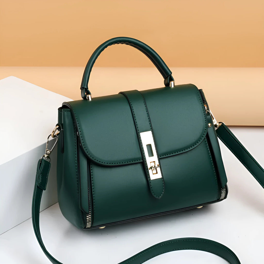 Women's soft leather square shoulder bag in black, red, green, or blue with single strap