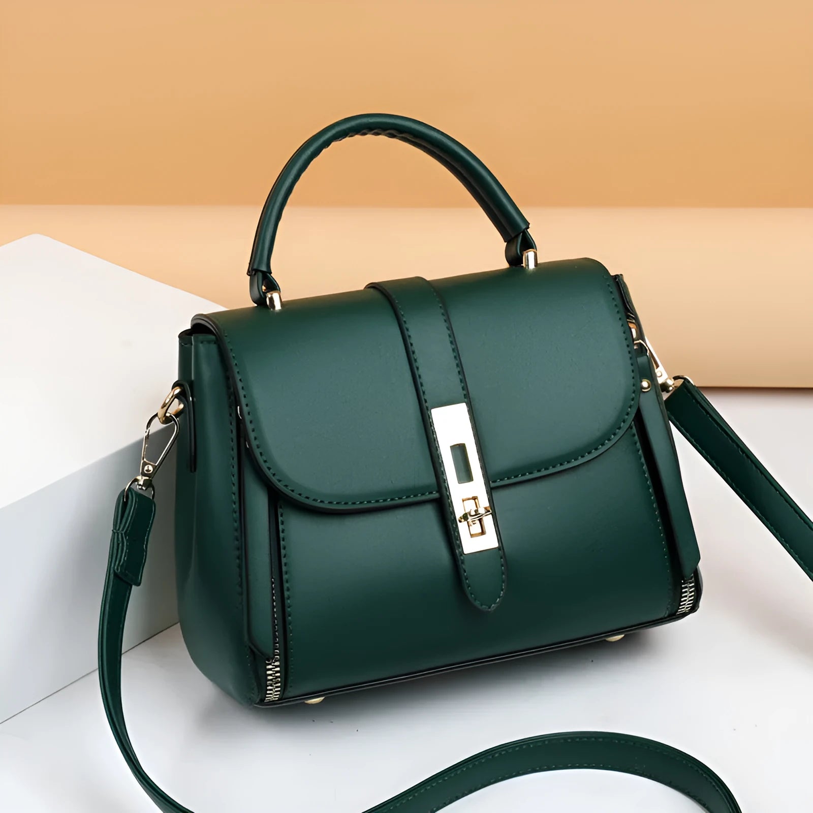Women's soft leather square shoulder bag in black, red, green, or blue with single strap