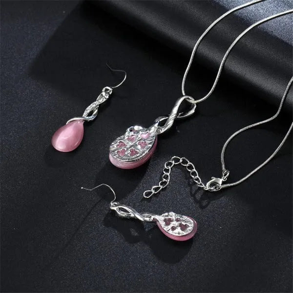 Fashion opal and cubic zirconia jewellery set with water drop pendant necklace and matching drop earrings