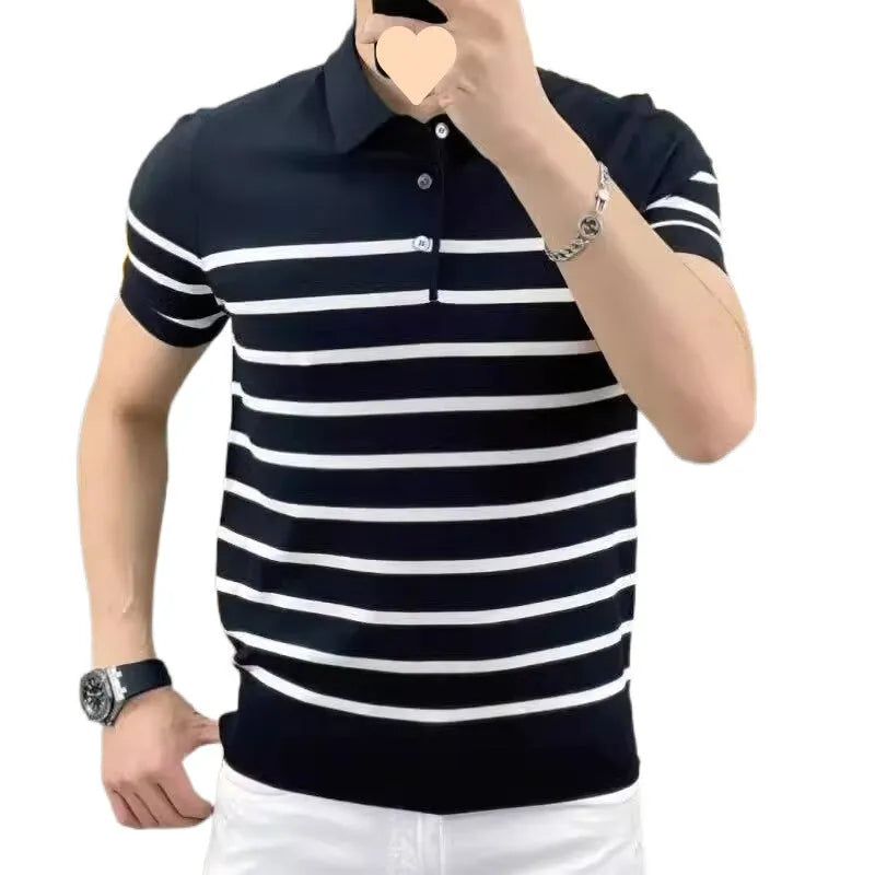 Striped lapel knitted T-shirt pullover in black or white colour with non-ironing fabric