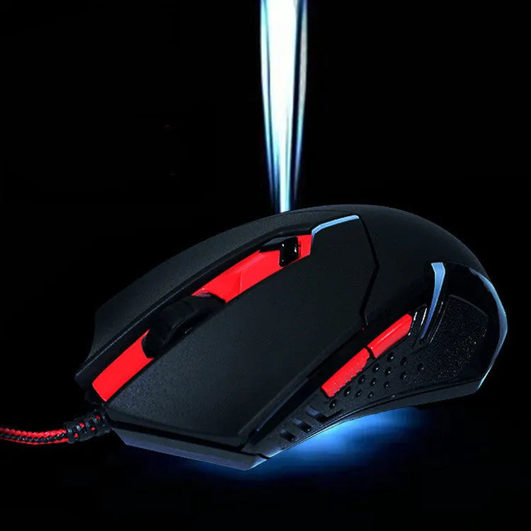 Black and red USB wired optical gaming mouse with 2000 DPI resolution and six buttons