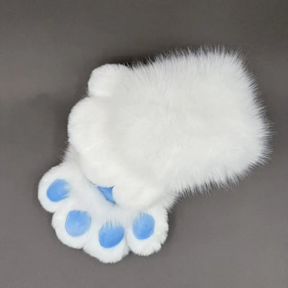 A pair of fingerless animal claw cosplay gloves in a white and pink colour combination with a coloured pad on the back.