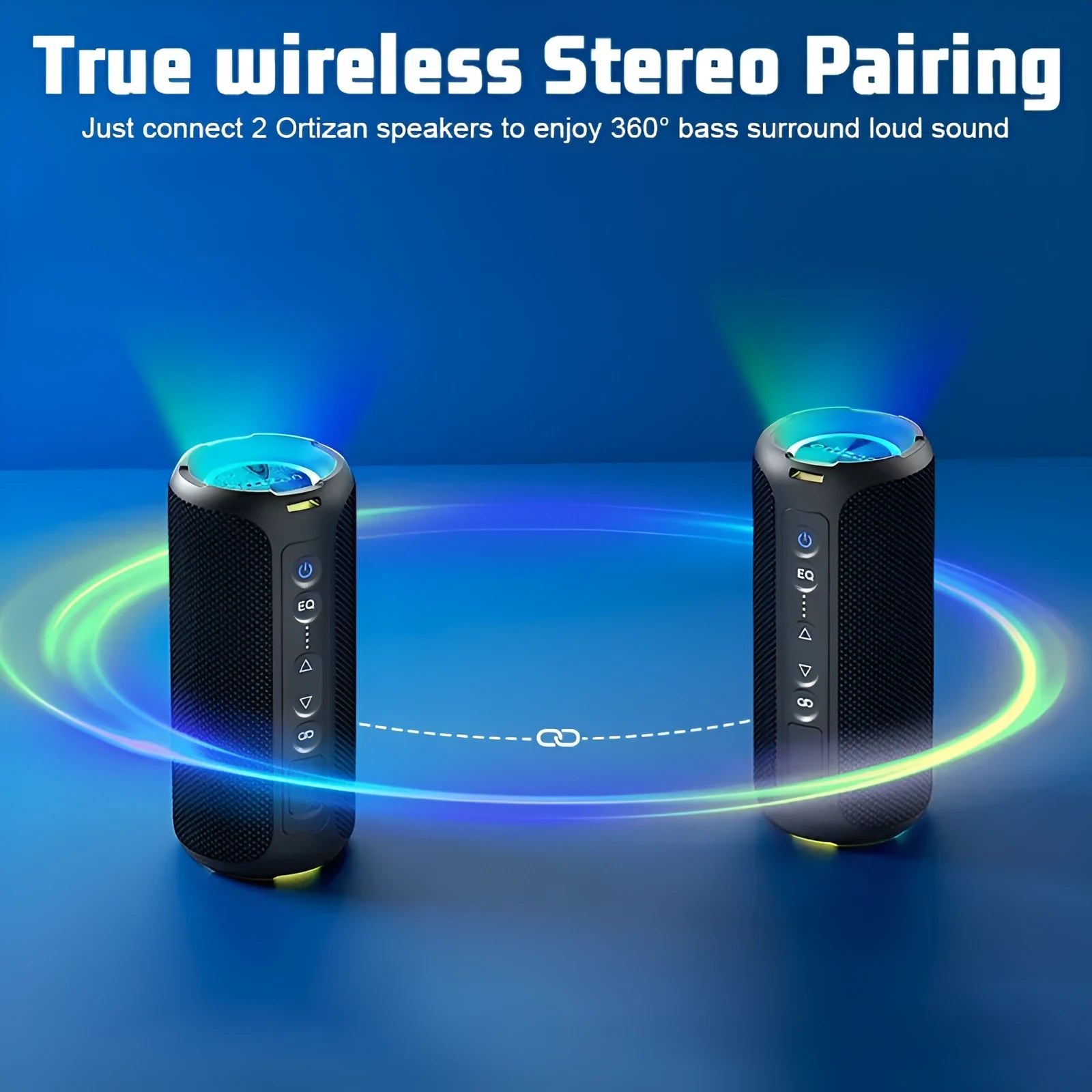 Black and blue fabric wireless Bluetooth speaker with LED lighting showing 40W power rating