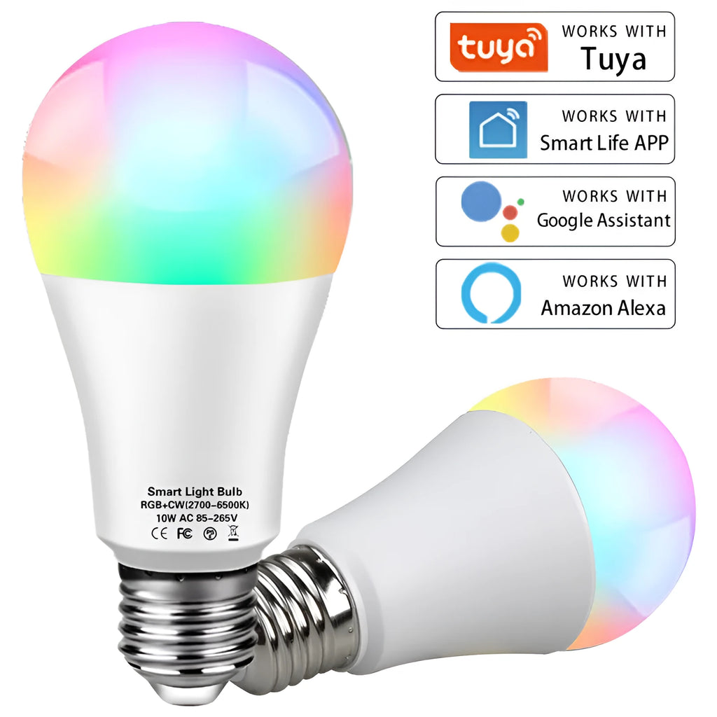 Tuya WiFi RGB smart bulb with E27 screw base, 10W-18W options, works with Alexa and Google Home