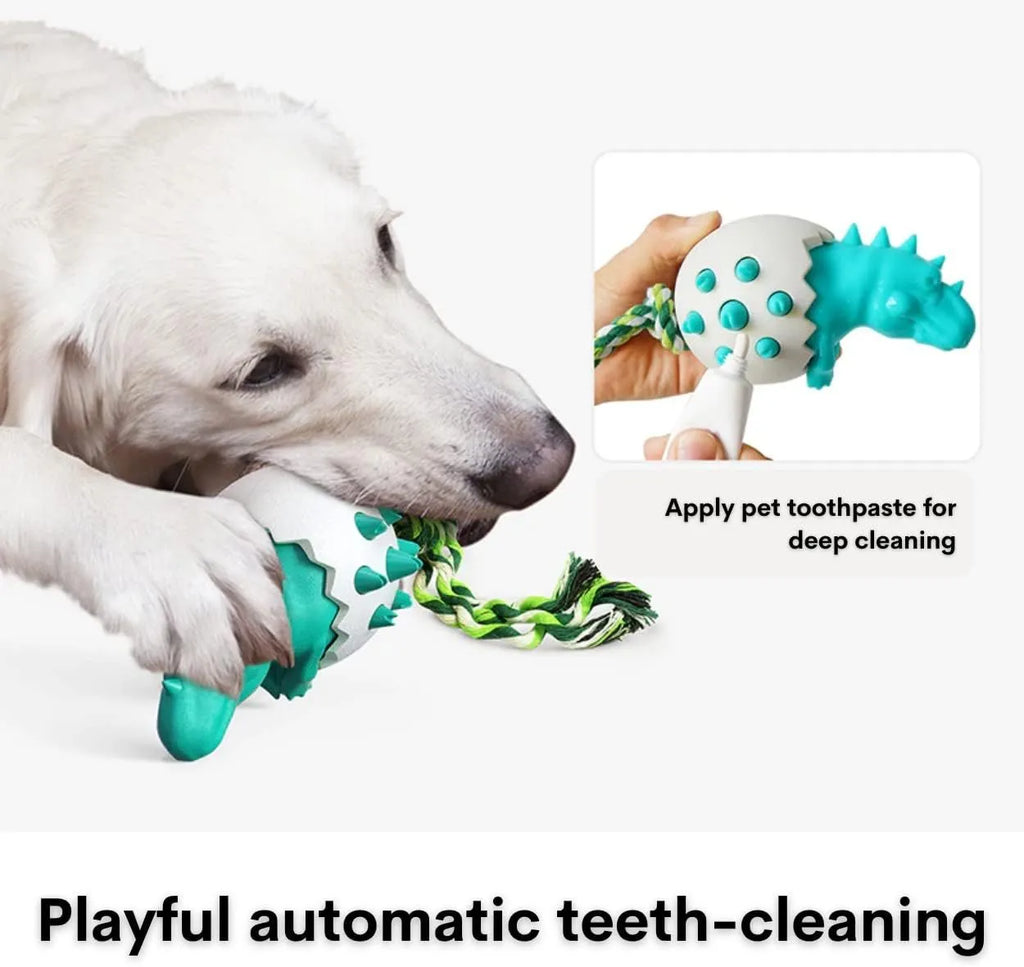 Blue dinosaur dog chew toy with rope tug element for aggressive chewers