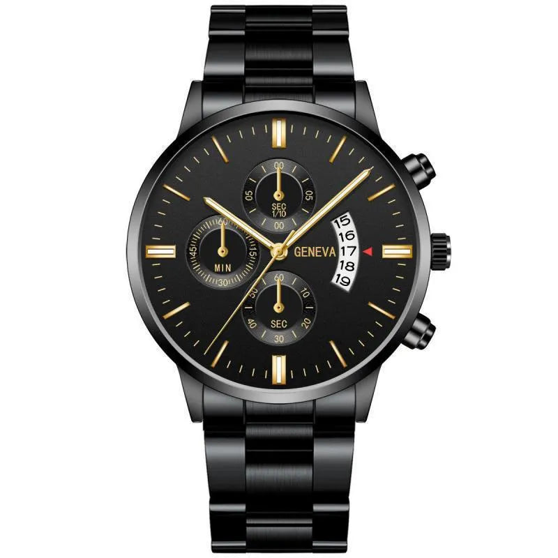 Men's calendar steel belt large dial quartz watch 40mm alloy case mineral glass silver black bracelet