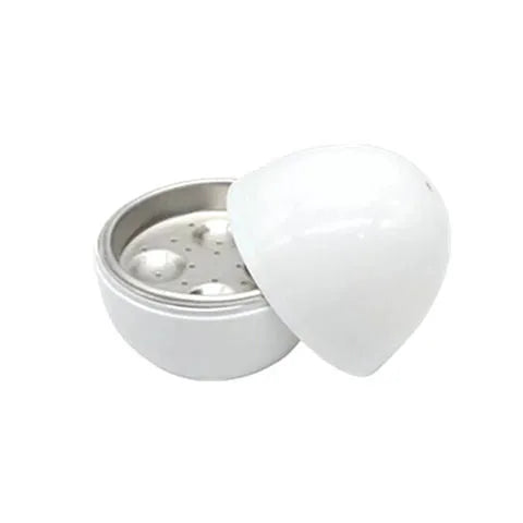 White microwave egg steamer for 4 eggs with vent hole and secure knob