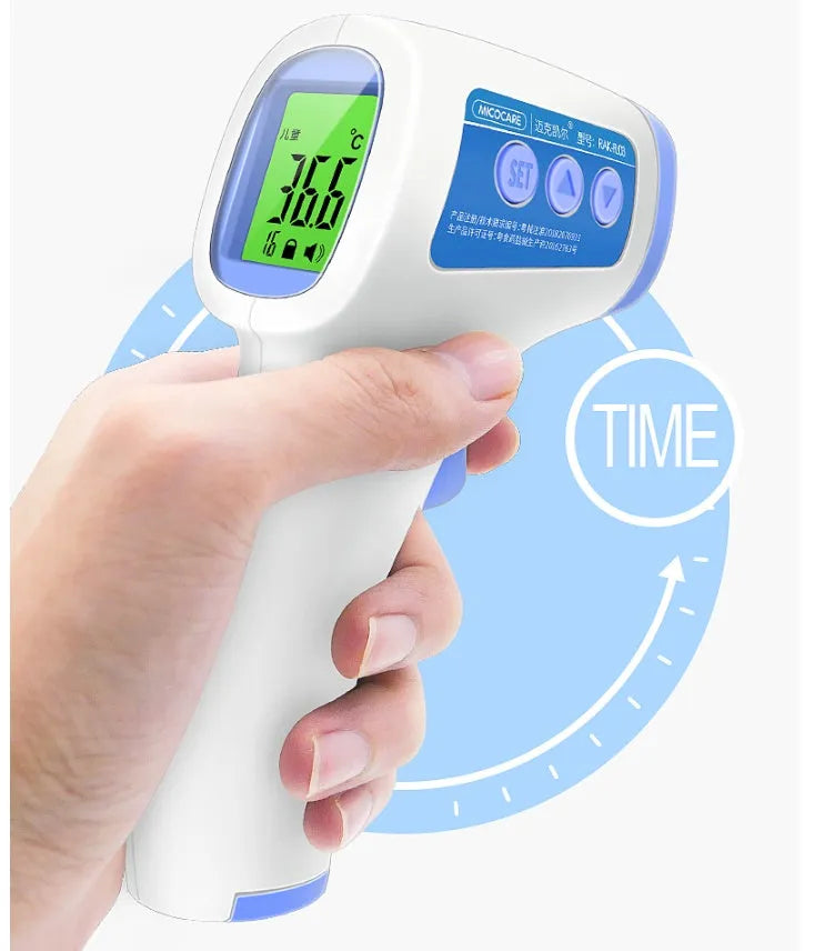 White non-contact infrared forehead thermometer on a blue background with LCD screen