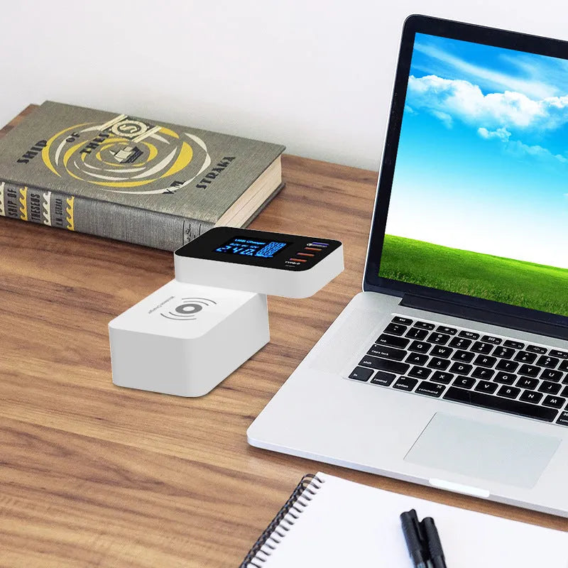 White multi USB port fast charger with 1.5 metre cable and optional plug adapters