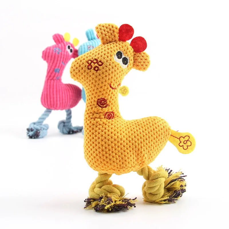 Deer-shaped blue plush dog toy with corn grain texture and squeaker sound