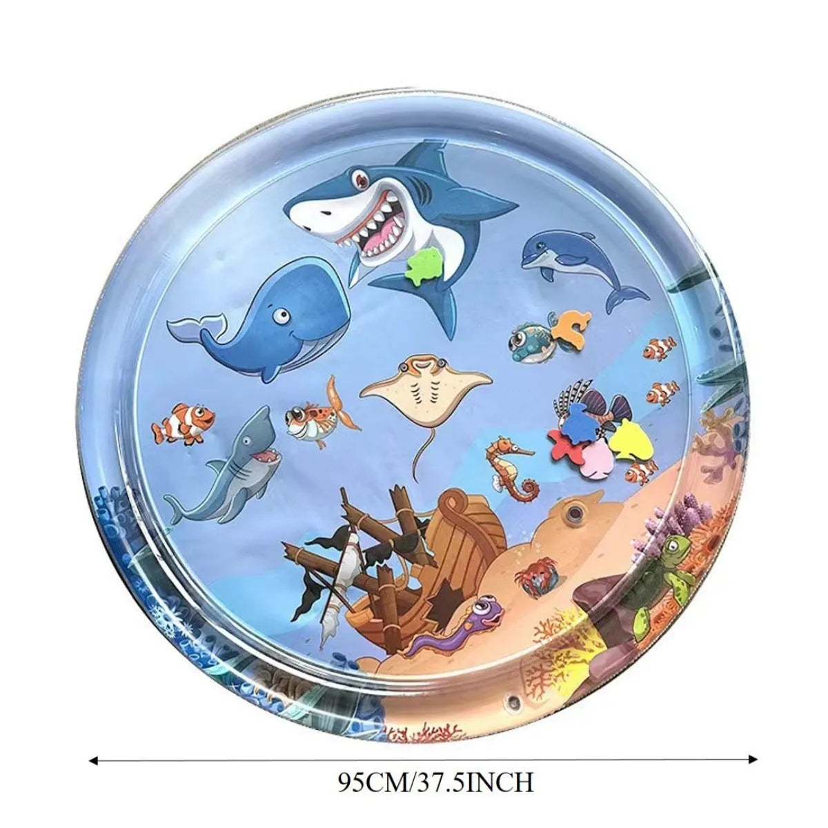 Square cat water play mat with ocean fish design and floating toys inside for sensory pet exercise