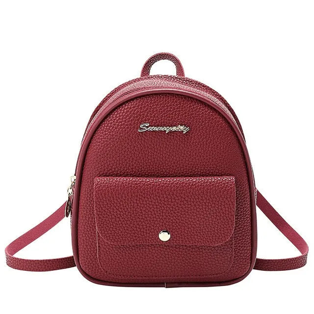 Women small solid colour PU backpack with zip closure for mobile phone and student travel use