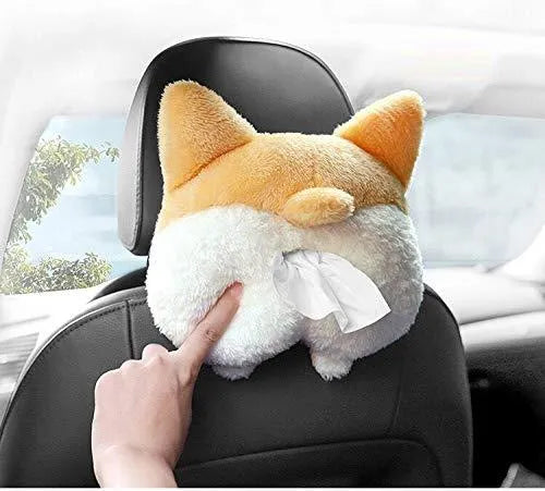 Yellow corgi butt shaped fabric pouch for holding a tissue box, shown with elastic strap for hanging.