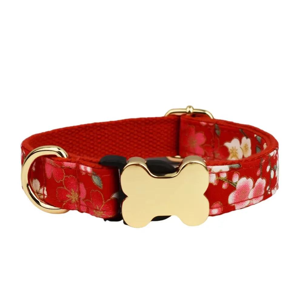 Flat fabric dog collar with printed grid pattern and bone-shaped buckle clasp