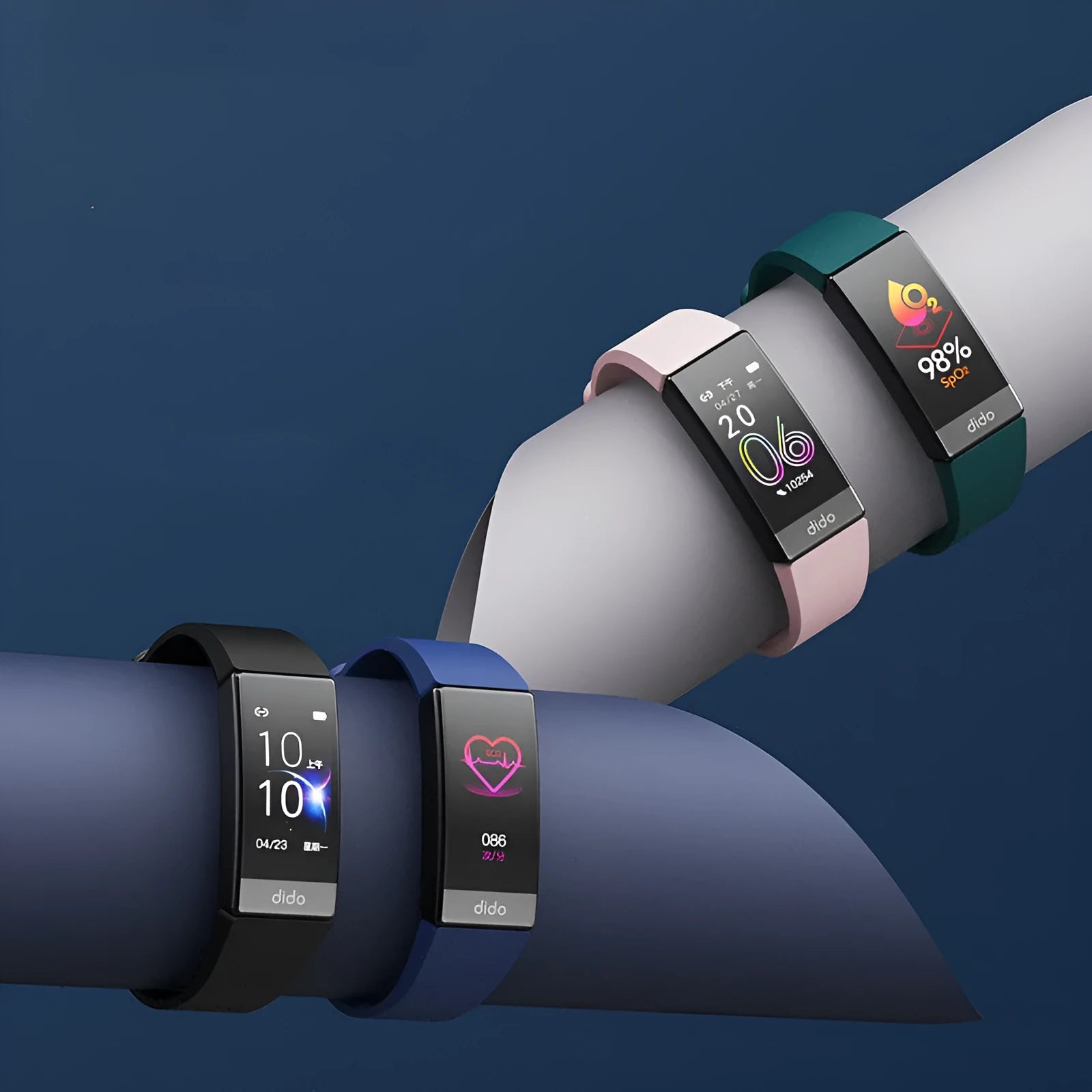 Black smart health bracelet with blood pressure and ECG monitoring on wrist showing 1.1-inch display screen