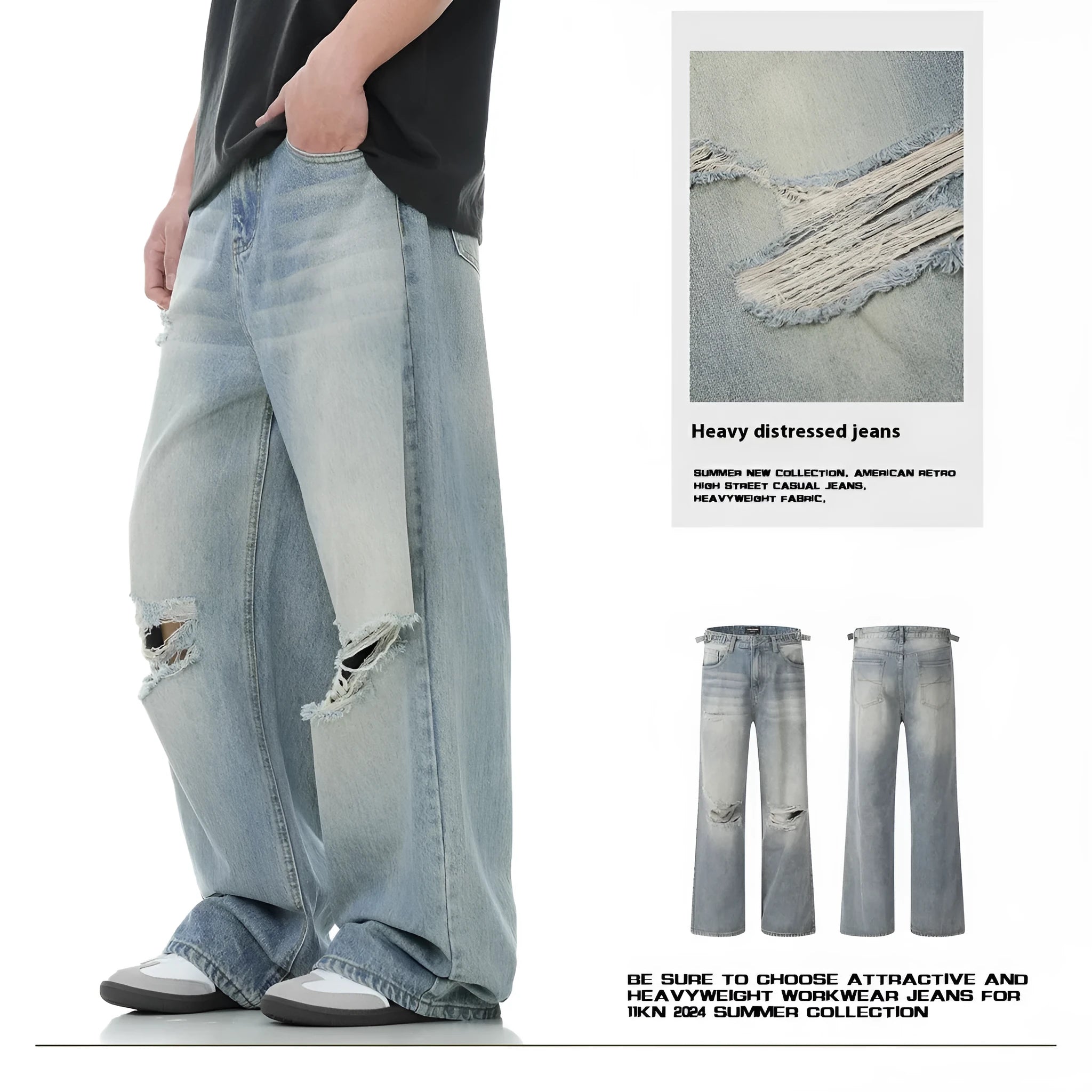 Men's blue straight-leg jeans with retro ripped detailing and an adjustable waistband