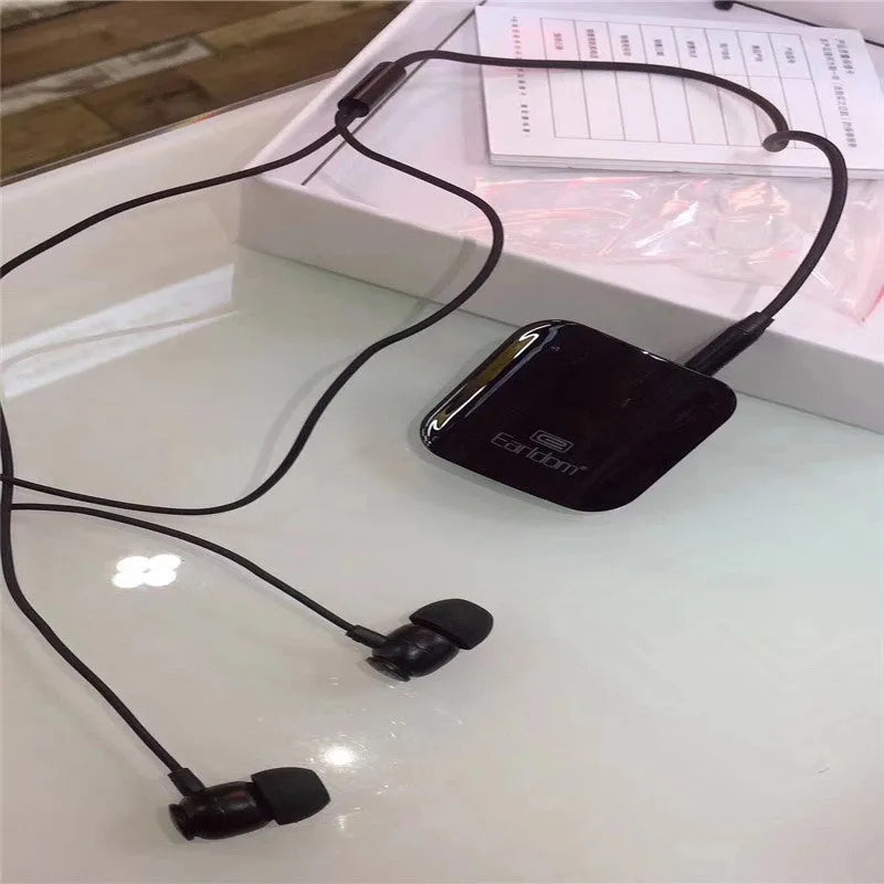Bluetooth lavalier headphones with audio receiver showing colour options and lavalier clip design