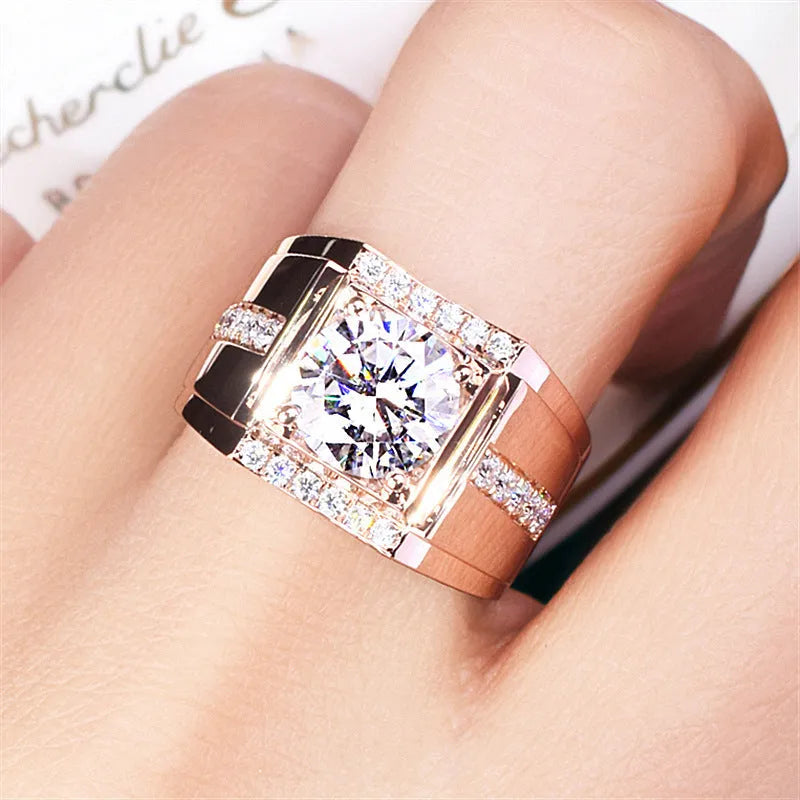 Men's geometric ring with diamond zircons on copper with adjustable opening