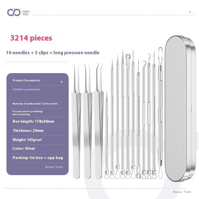 Four silver metal acne needles with ultra-fine pointed tips for skincare extraction.