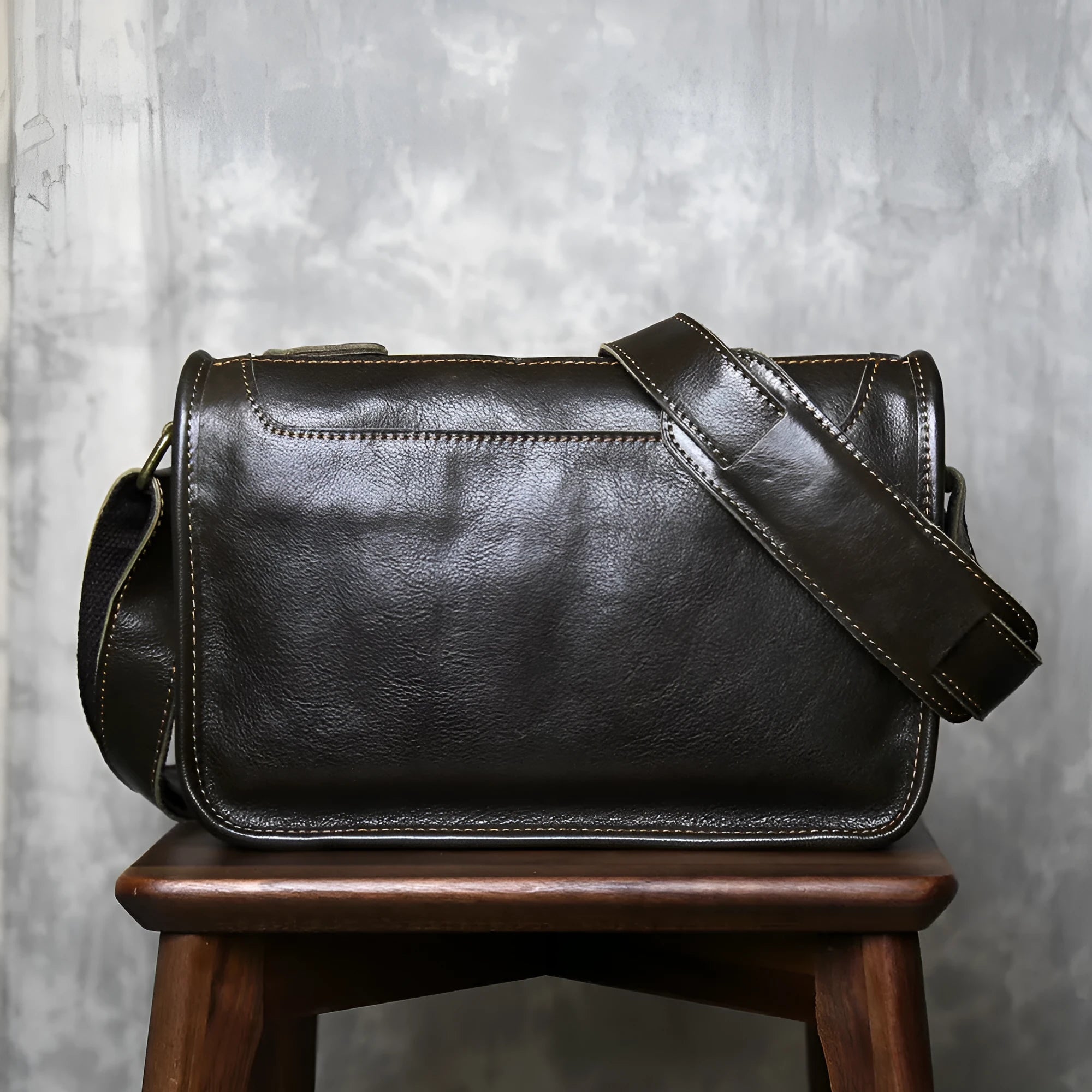 Men's genuine leather crossbody shoulder bag handmade patchwork in olive green colour on model
