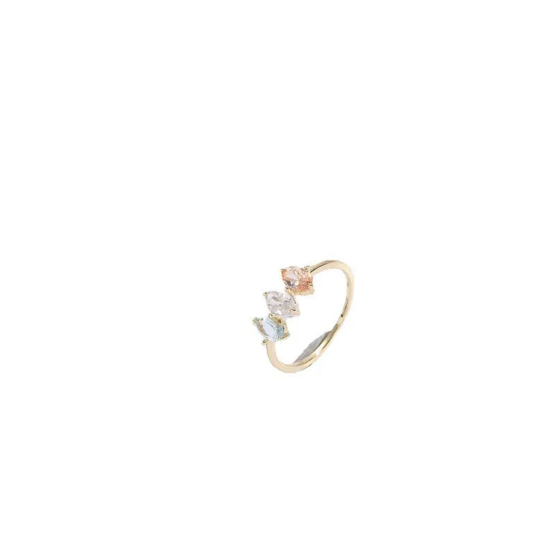 Geometric triangle ring with horse eye tricolor zircon in electroplated 14k gold colour on copper