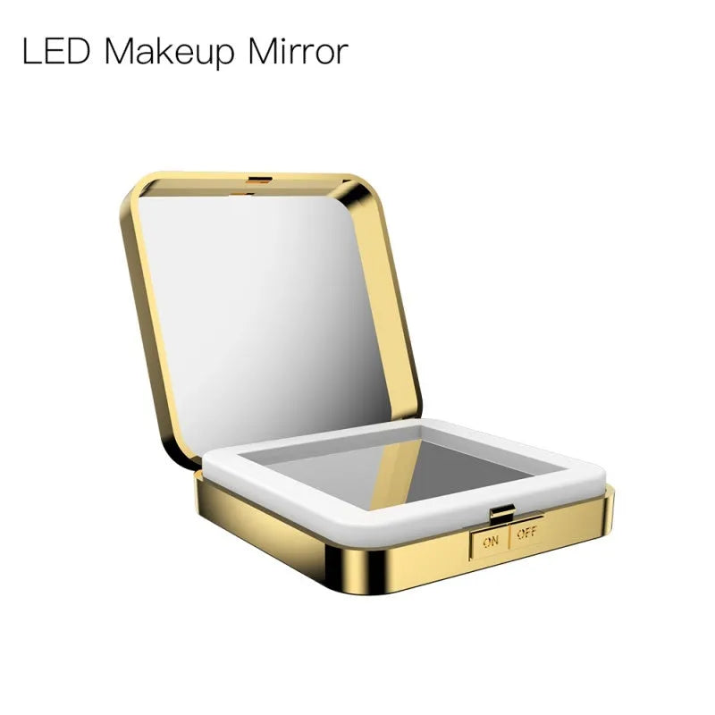 Black and white makeup mirror with LED lights around the edge, showing both the magnifying and standard mirror sides.