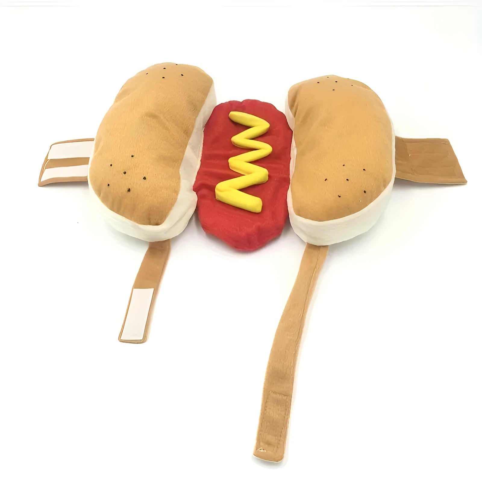 Small dog wearing a red and brown full-body hot dog costume with a bun-shaped hood.
