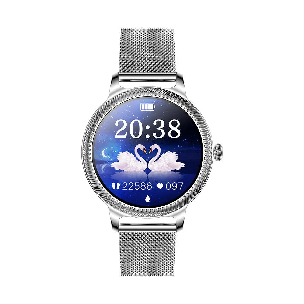 AK38 ladies smart watch with stainless steel Milanese band on wrist, showing its colour screen