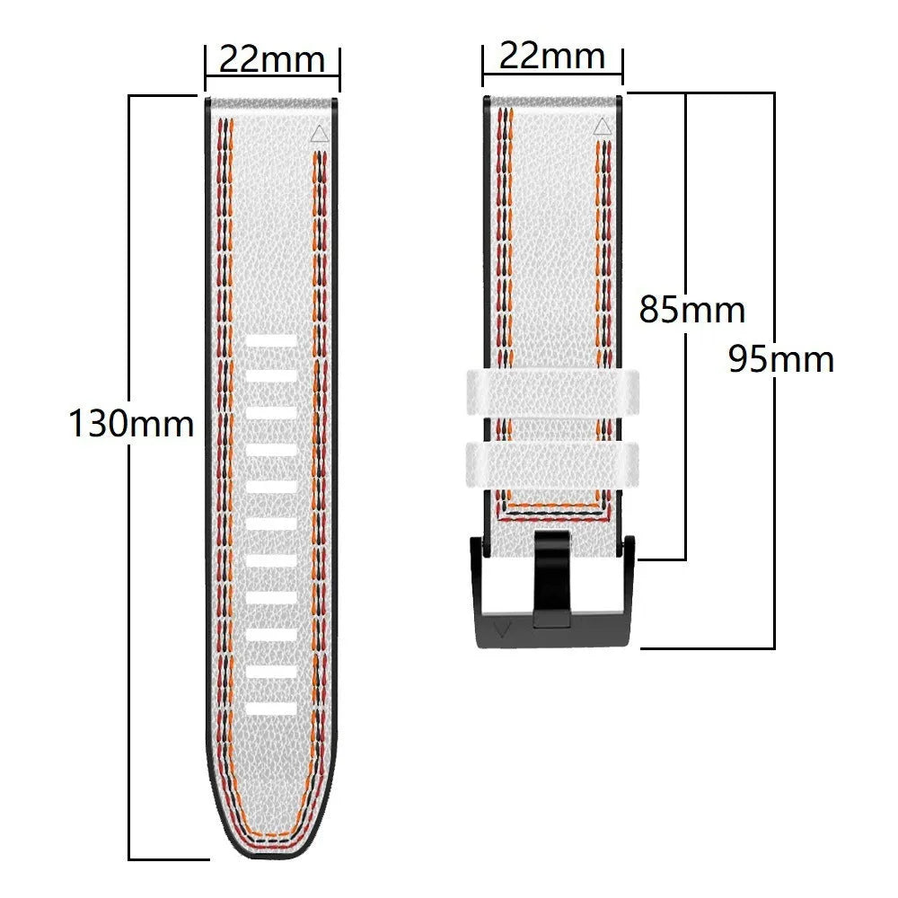 Silicone and leather quick-release watchband for Garmin Fenix smartwatch in black, showing 22mm width.