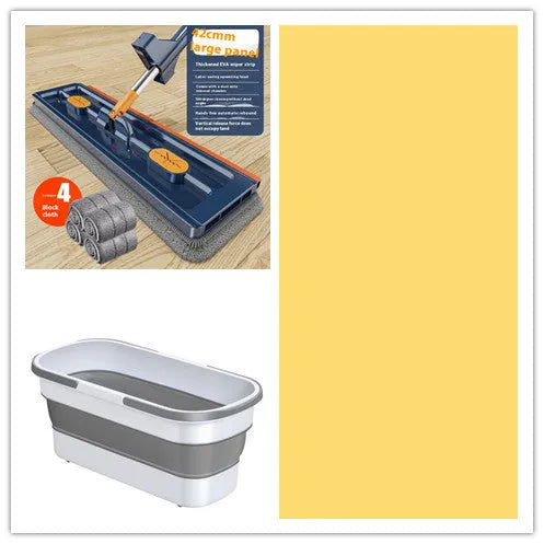 Large flat mop with stainless steel handle and blue cloth on hard floor