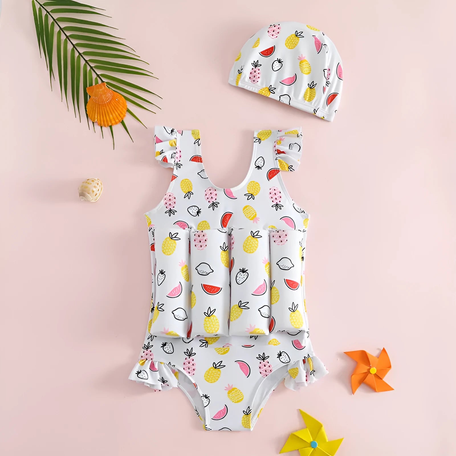 Children's one-piece buoyancy swimsuit with nylon outer and polyester lining in a solid colour design