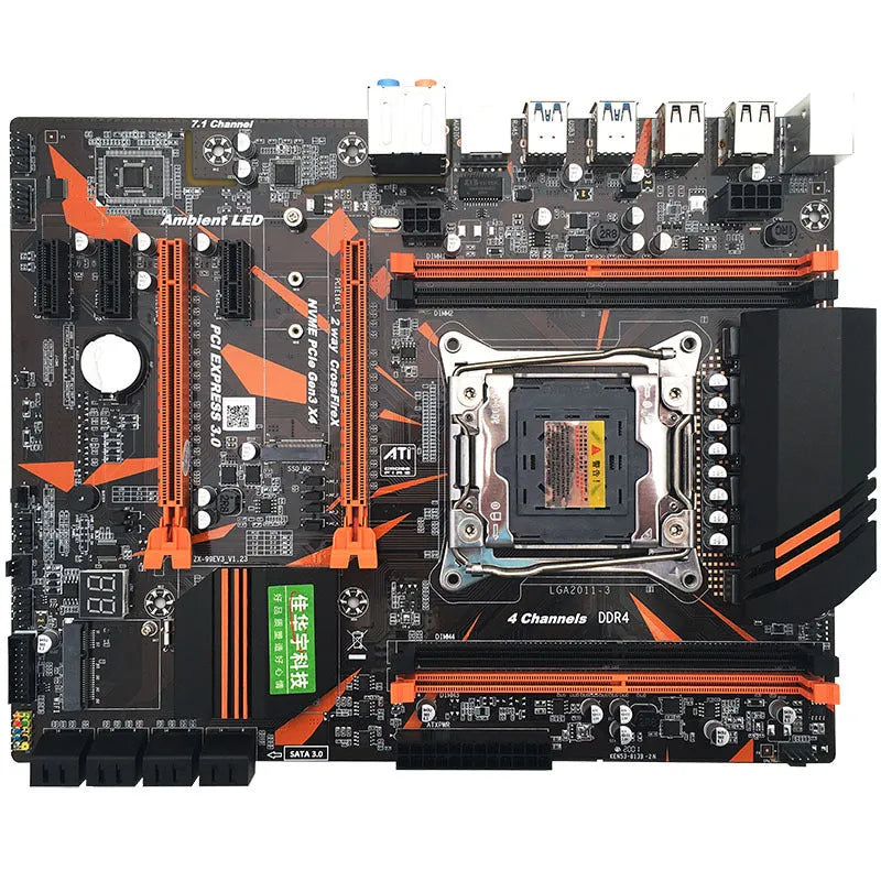 Black X99 ATX motherboard with LGA2011-3 socket, four DDR4 slots, dual PCI-E x16 slots, and M.2 interface