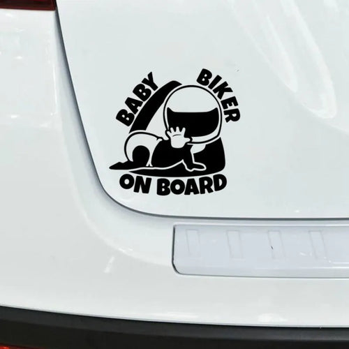 Reflective black and white Baby on Board car sticker measuring 14.5 by 15 centimetres.
